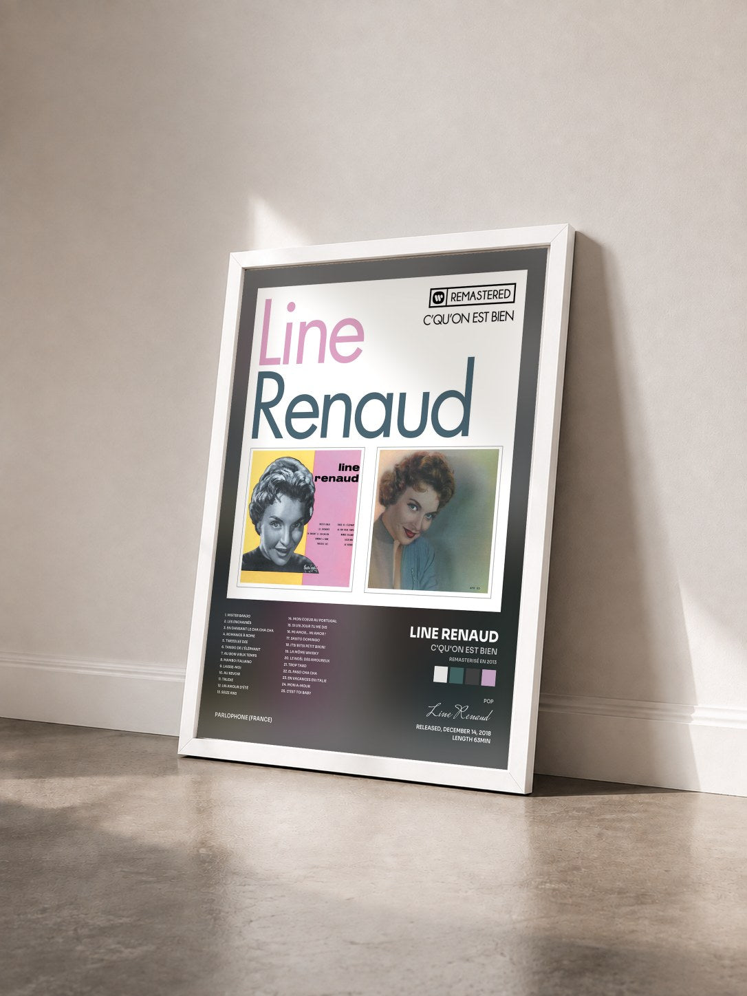#blanc Tableau de l'album C'qu'on est bien (Remasterisé en 2013) de Line Renaud vu de trois quarts, cadre blanc