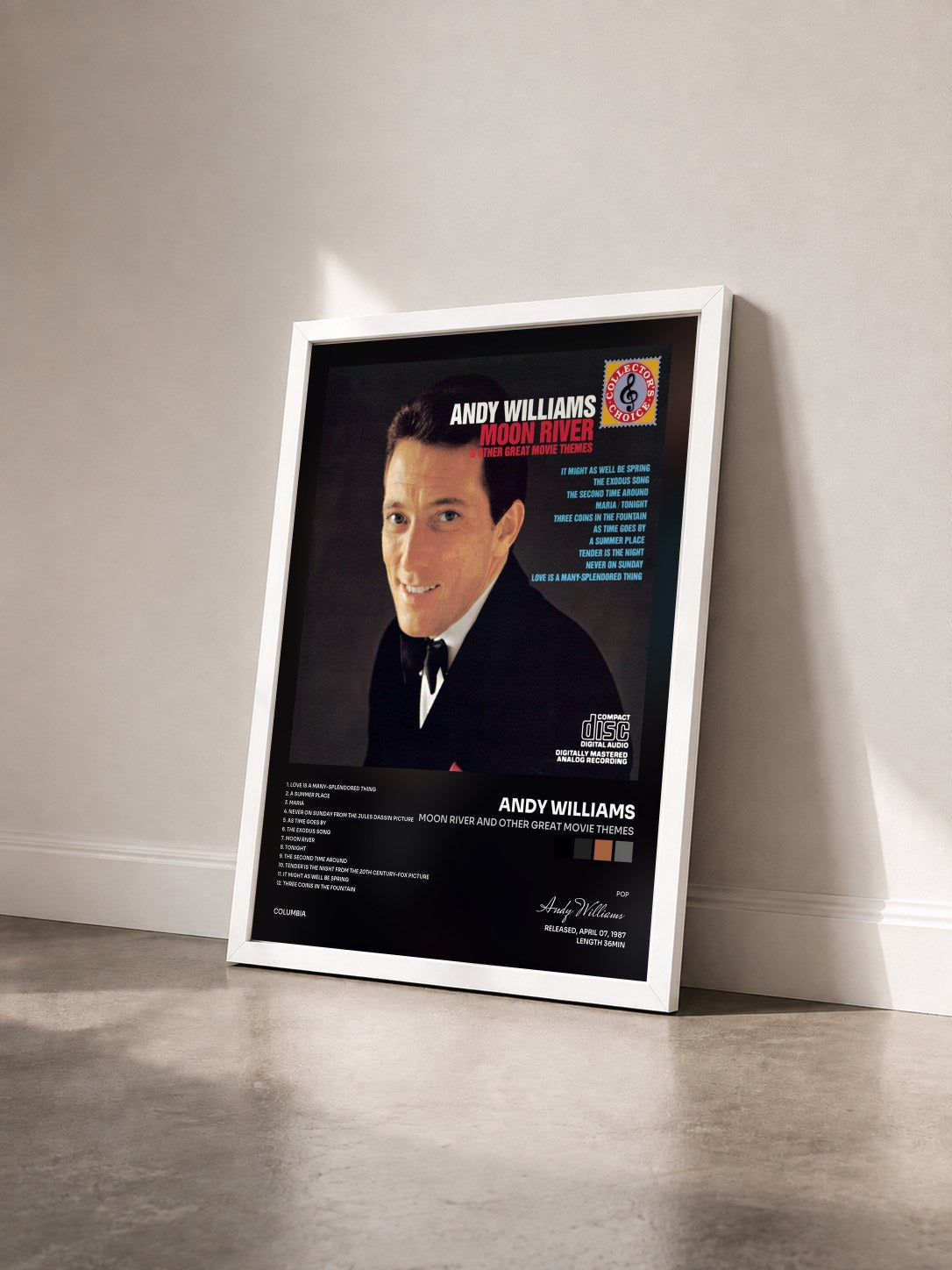 #blanc Tableau de l'album Moon River And Other Great Movie Themes de Andy Williams vu de trois quarts, cadre blanc