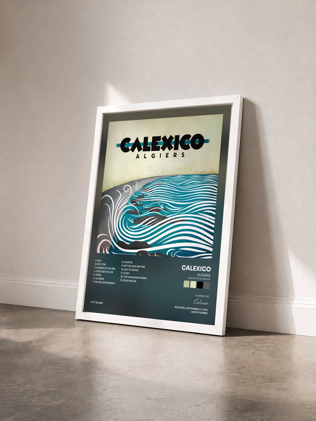 #blanc Tableau de l'album Algiers (Bonus Track Version) de Calexico vu de trois quarts, cadre blanc
