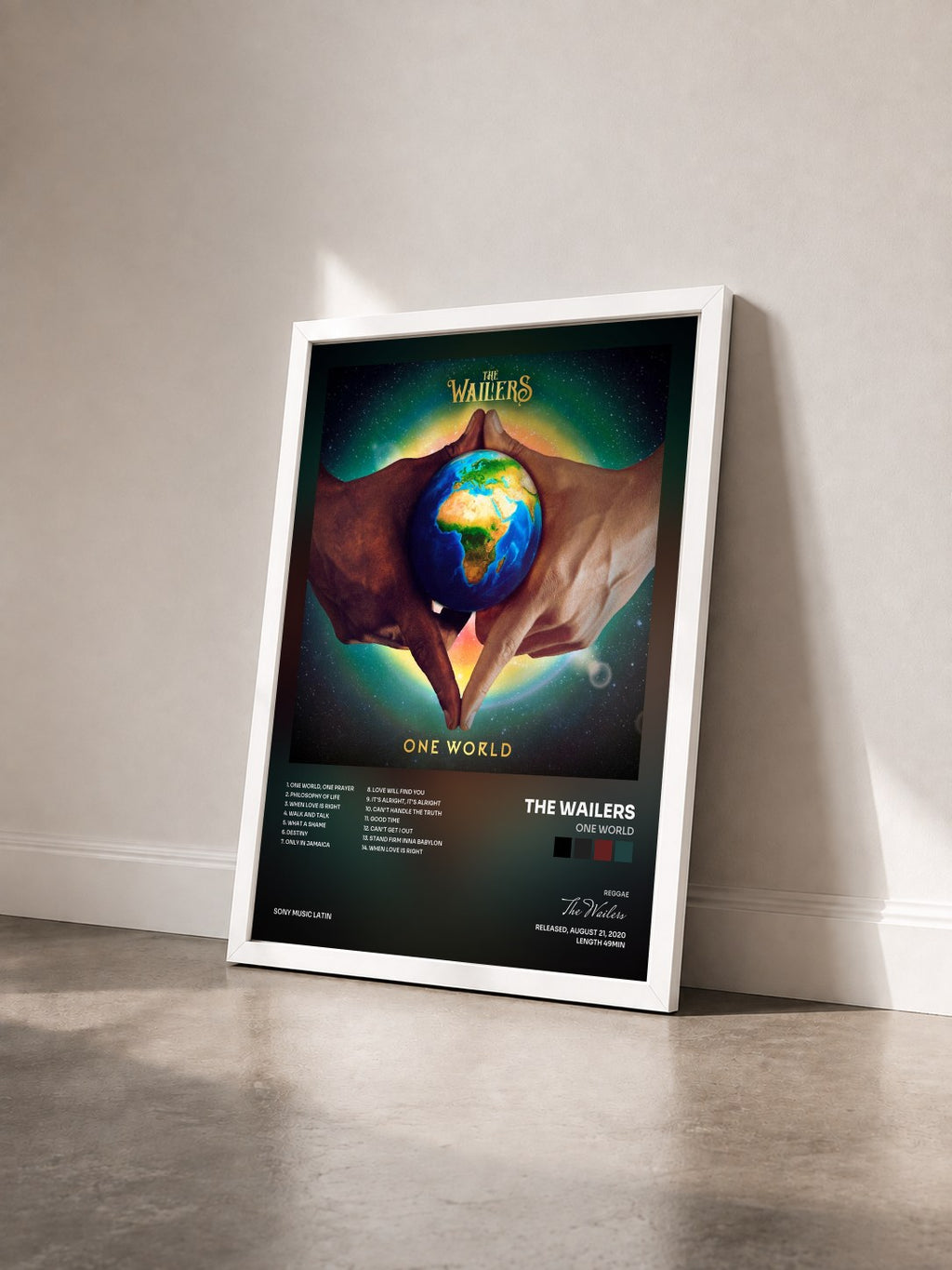 #blanc Tableau de l'album One World de The Wailers vu de trois quarts, cadre blanc