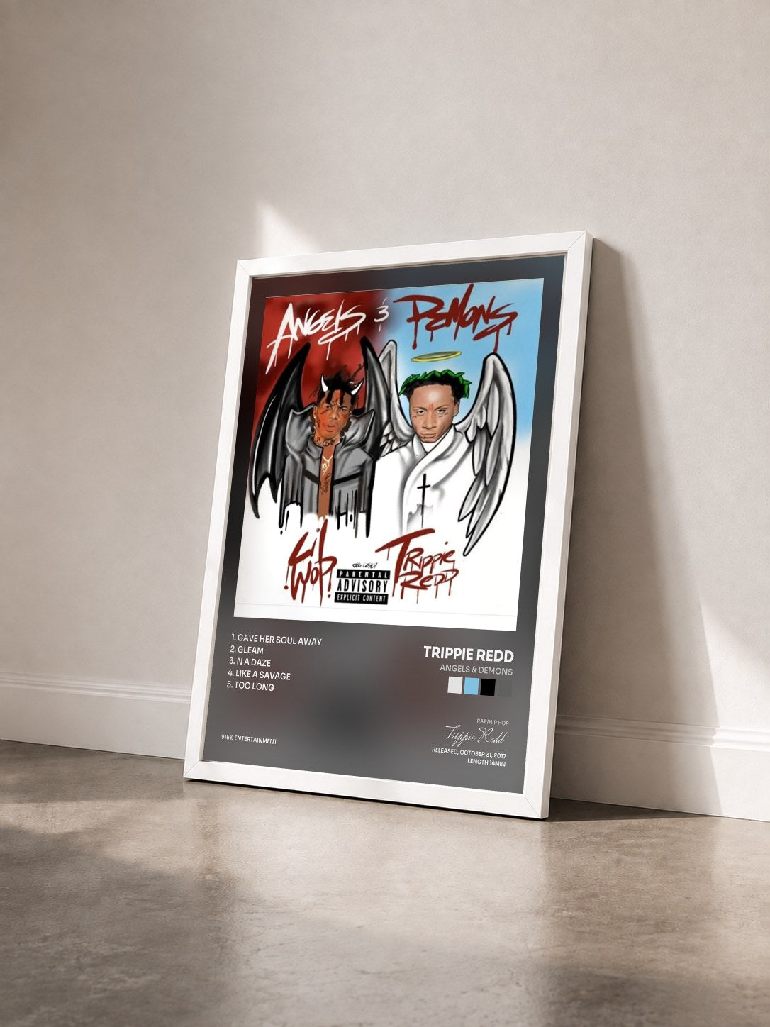 #blanc Tableau de l'album Angels & Demons de Trippie Redd vu de trois quarts, cadre blanc