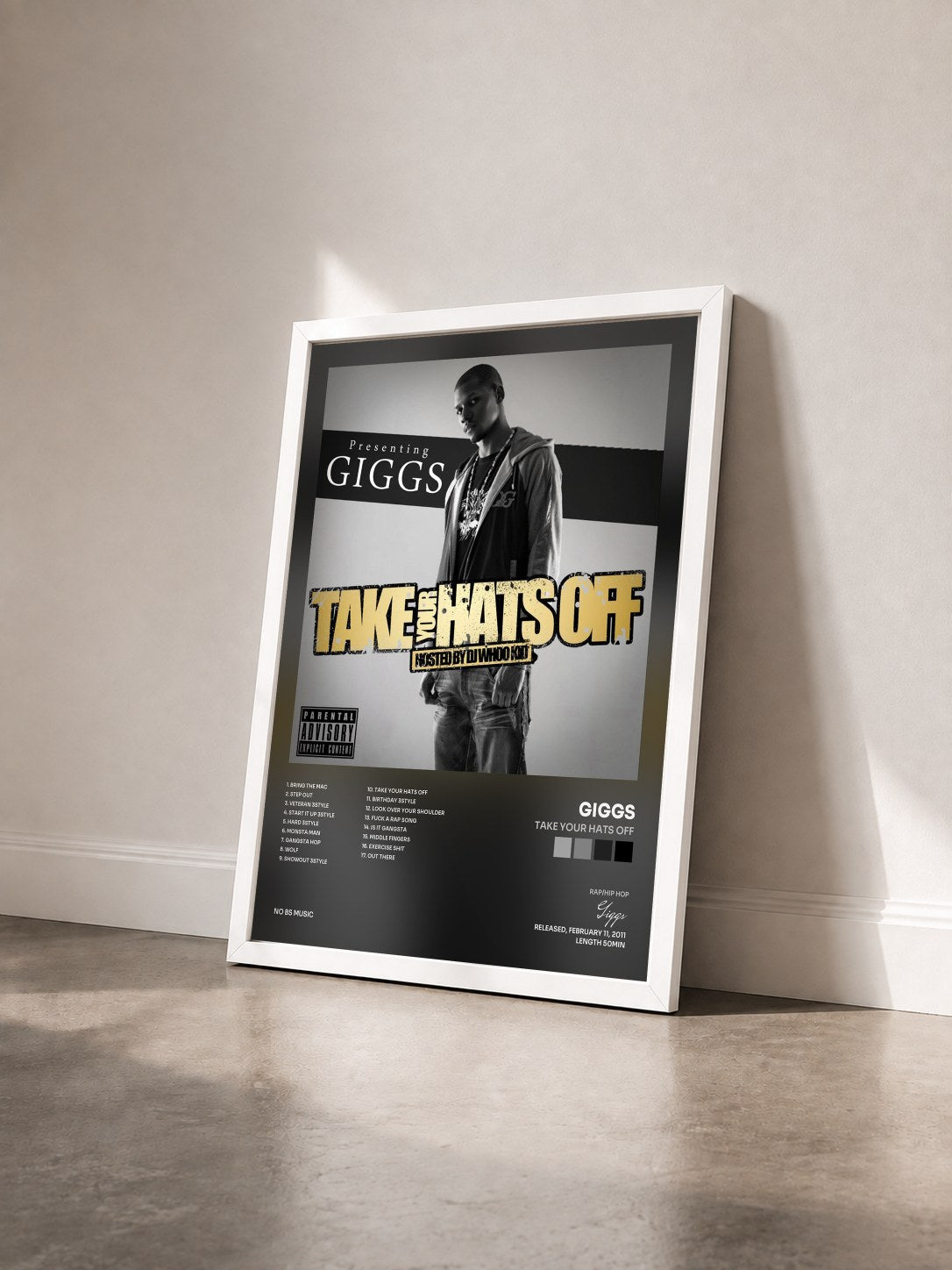 #blanc Tableau de l'album Take Your Hats Off de Giggs vu de trois quarts, cadre blanc