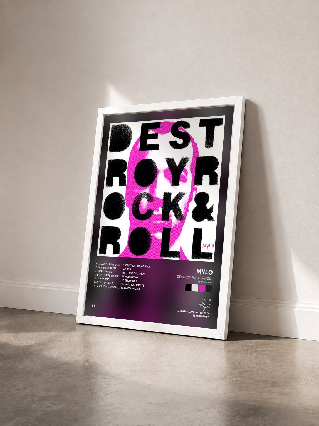 #blanc Tableau de l'album Destroy Rock & Roll (2005 Remaster) de Mylo vu de trois quarts, cadre blanc