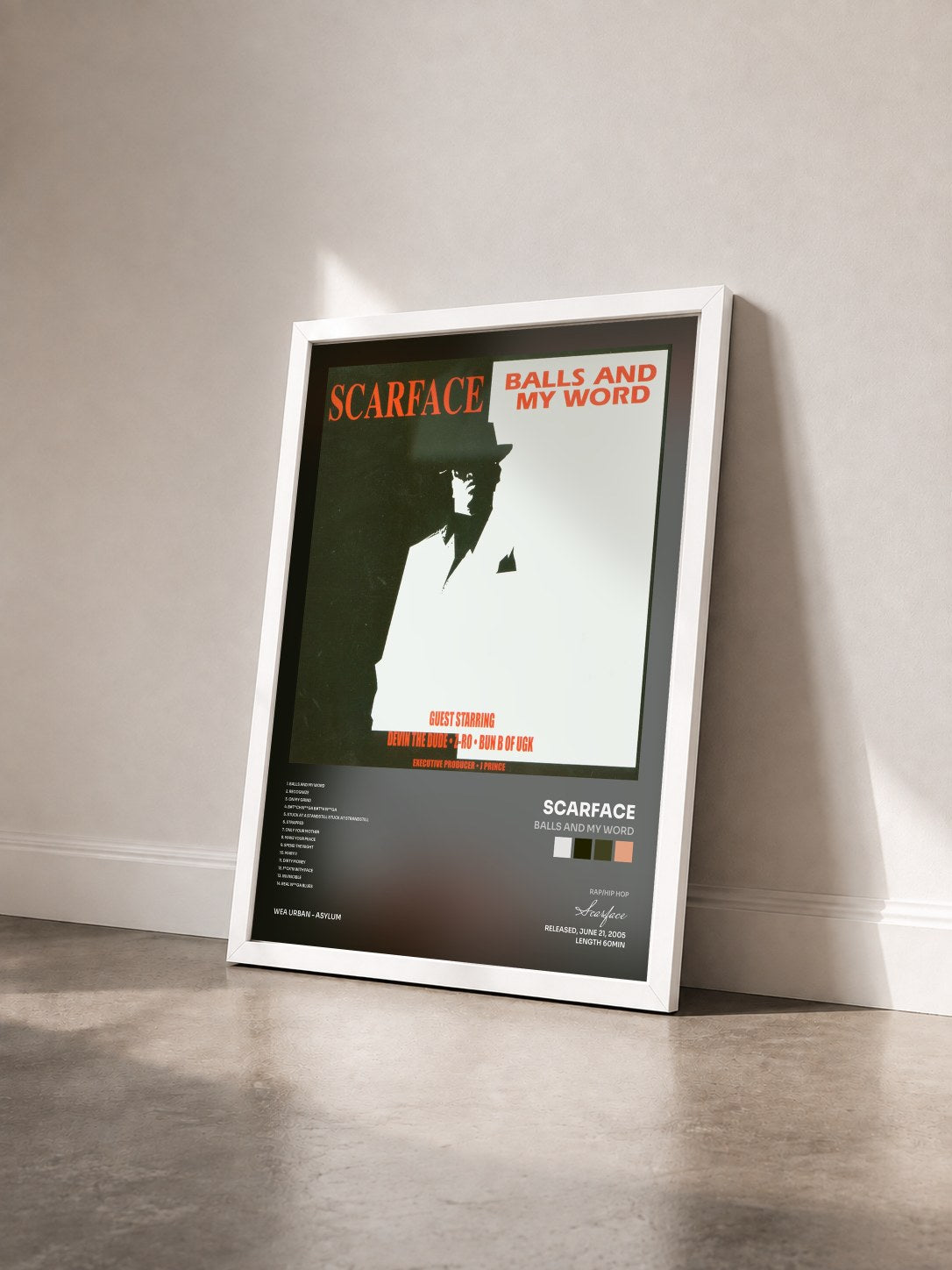 #blanc Tableau de l'album Balls And My Word de Scarface vu de trois quarts, cadre blanc
