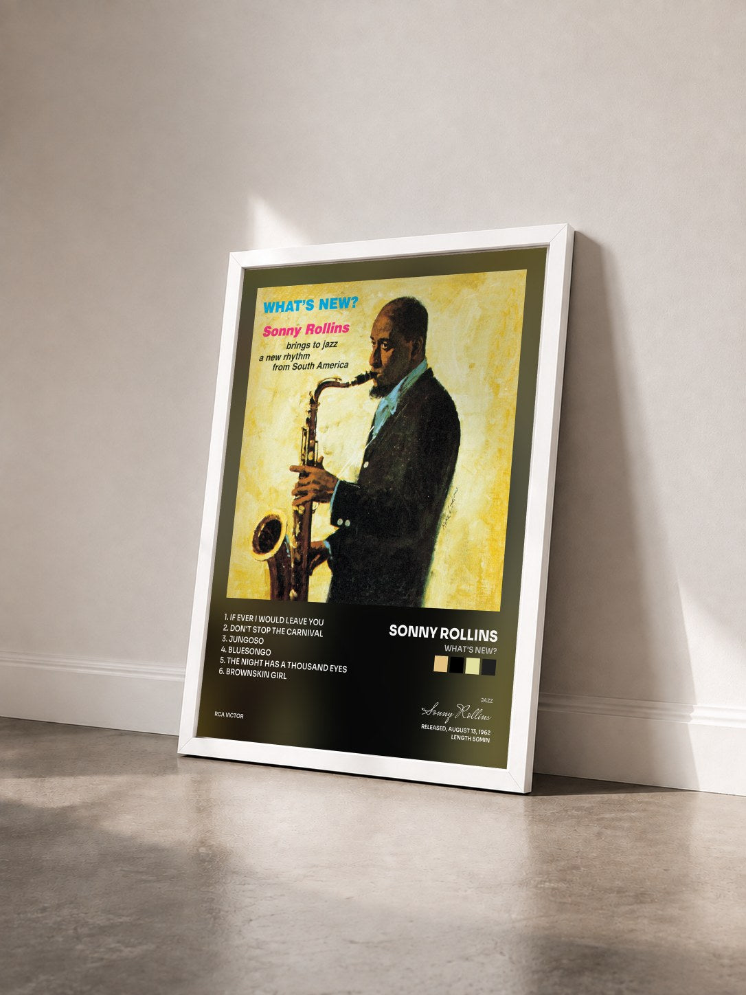 #blanc Tableau de l'album What's New? de Sonny Rollins vu de trois quarts, cadre blanc