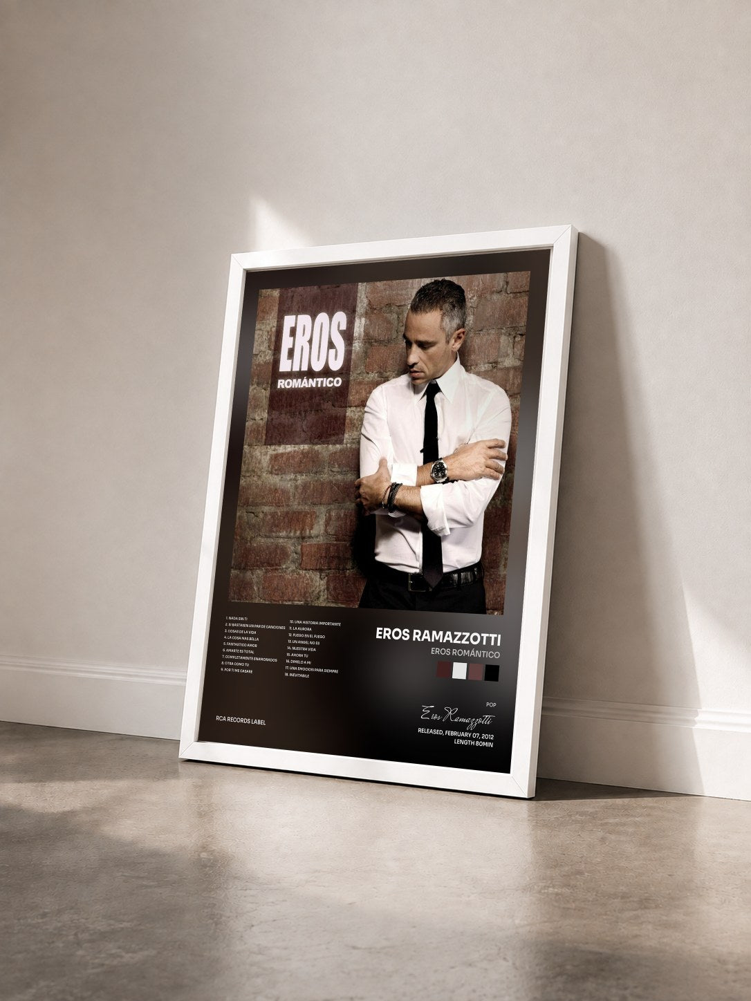 #blanc Tableau de l'album Eros Romántico de Eros Ramazzotti vu de trois quarts, cadre blanc