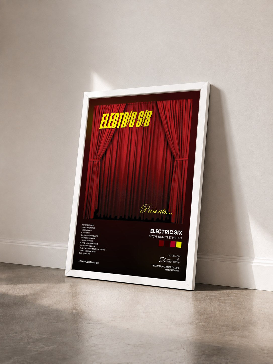 #blanc Tableau de l'album Bitch, Don't Let Me Die! de Electric Six vu de trois quarts, cadre blanc