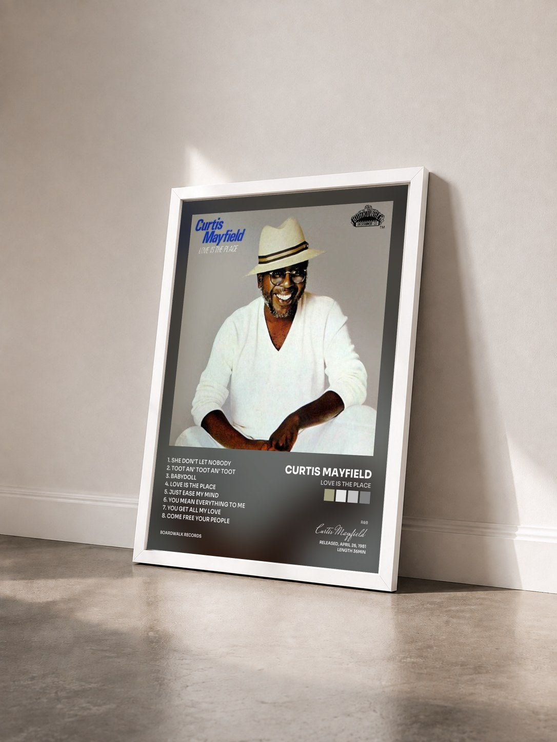 #blanc Tableau de l'album Love is the Place de Curtis Mayfield vu de trois quarts, cadre blanc