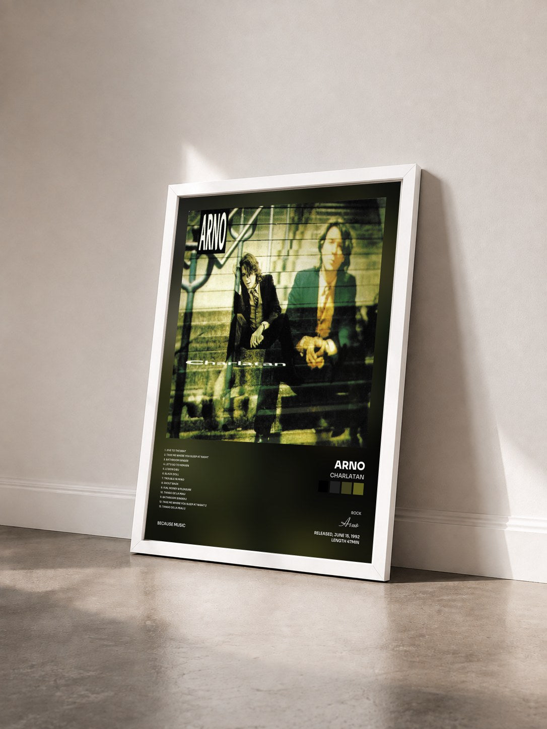 #blanc Tableau de l'album Charlatan de Arno vu de trois quarts, cadre blanc