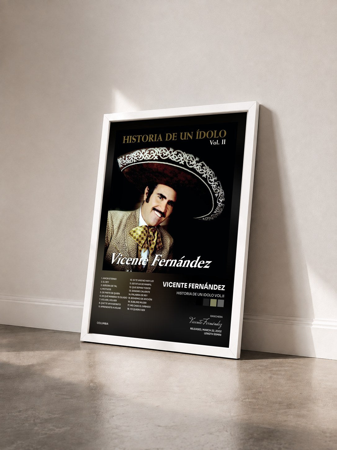 #blanc Tableau de l'album Historia De Un Idolo Vol.II de Vicente Fernández vu de trois quarts, cadre blanc