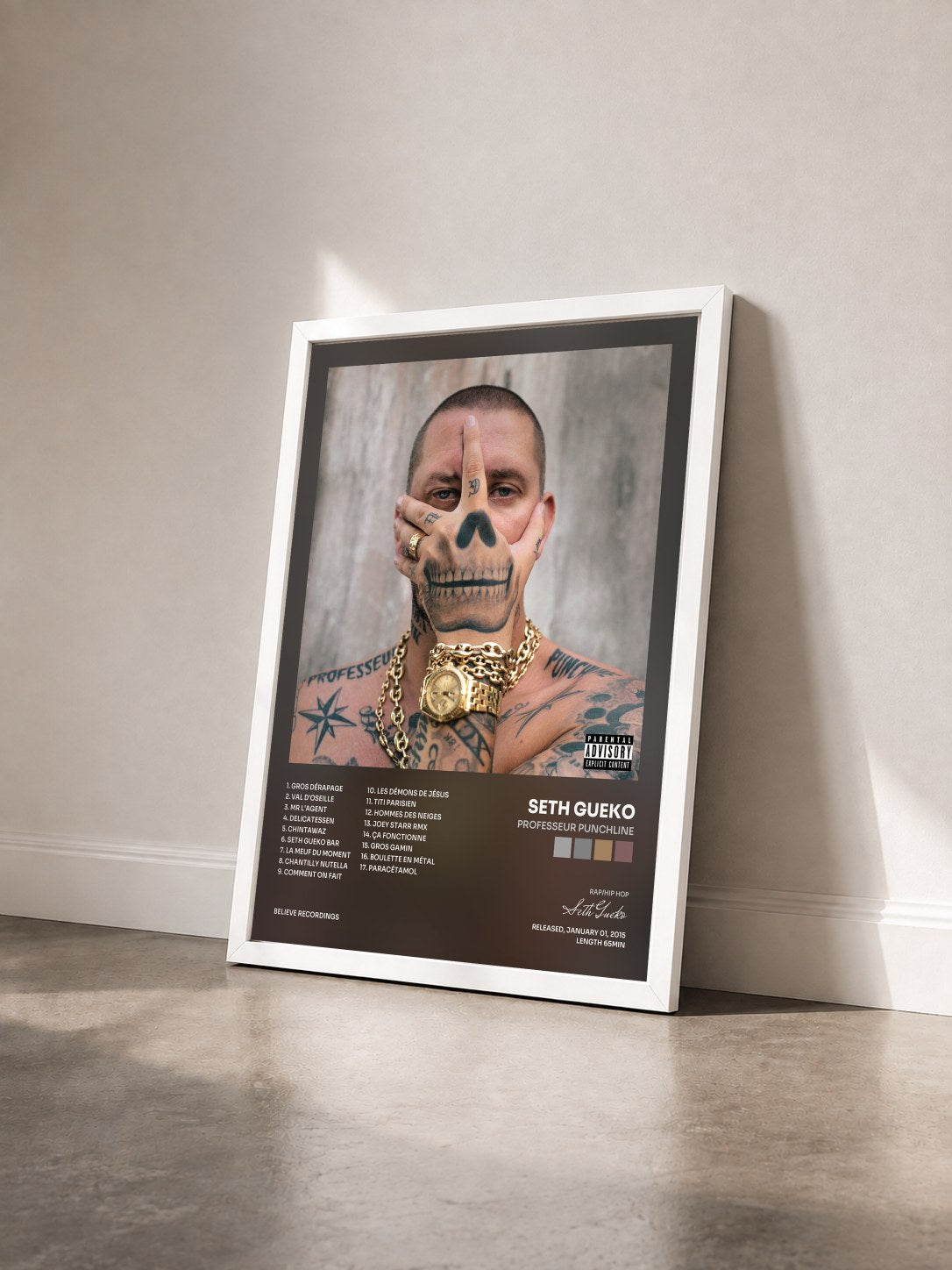 #blanc Tableau de l'album Professeur Punchline de Seth Gueko vu de trois quarts, cadre blanc