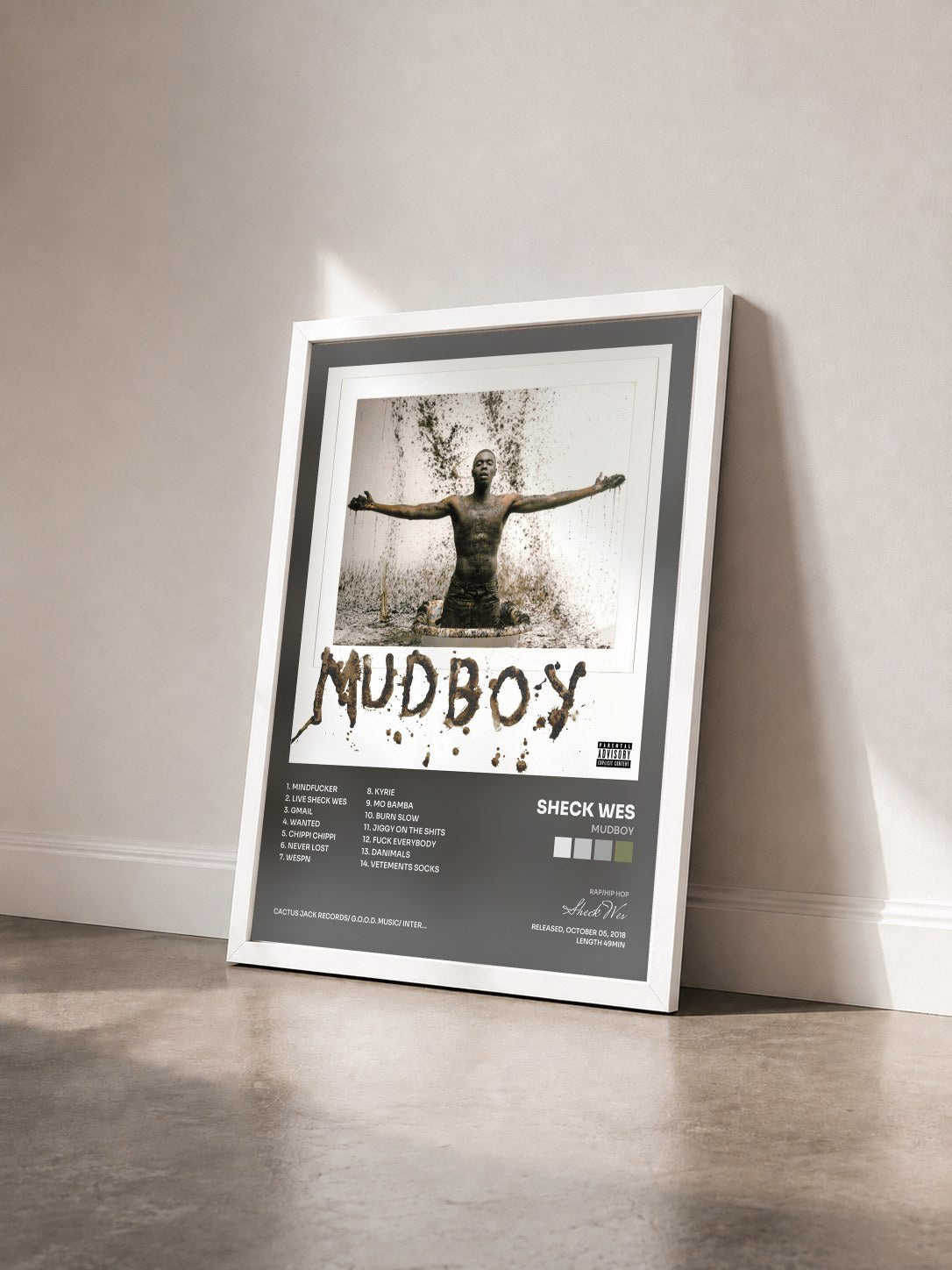 #blanc Tableau de l'album MUDBOY de Sheck Wes vu de trois quarts, cadre blanc