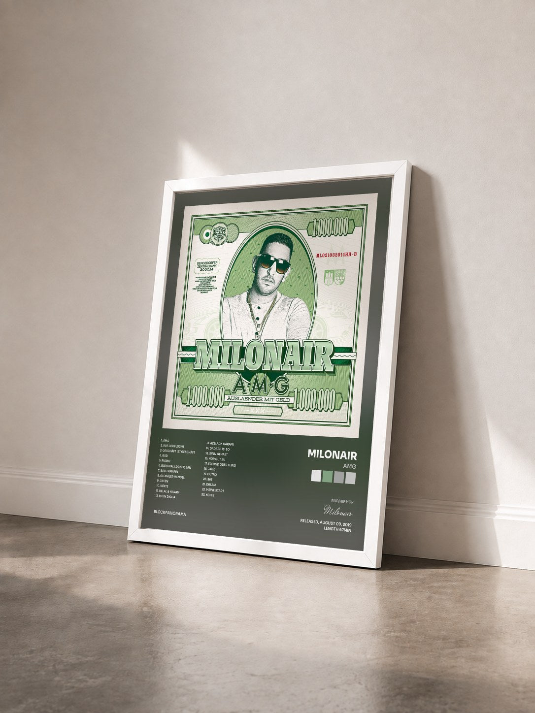 #blanc Tableau de l'album AMG de Milonair vu de trois quarts, cadre blanc