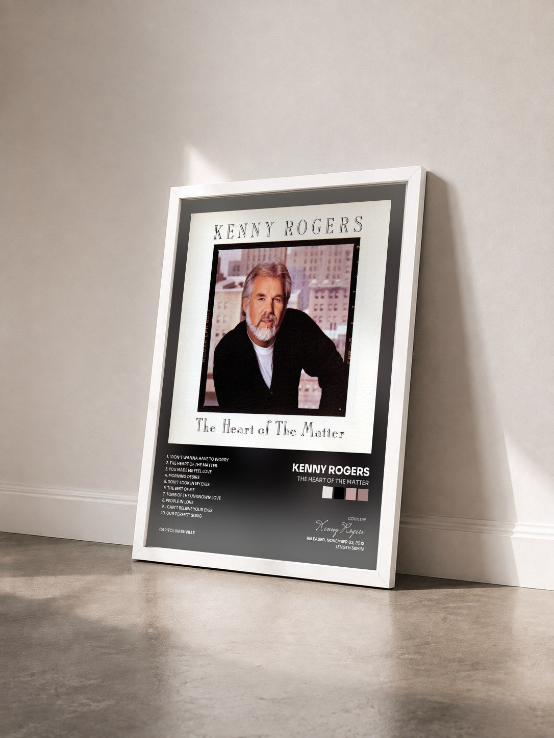 #blanc Tableau de l'album The Heart of the Matter de Kenny Rogers vu de trois quarts, cadre blanc