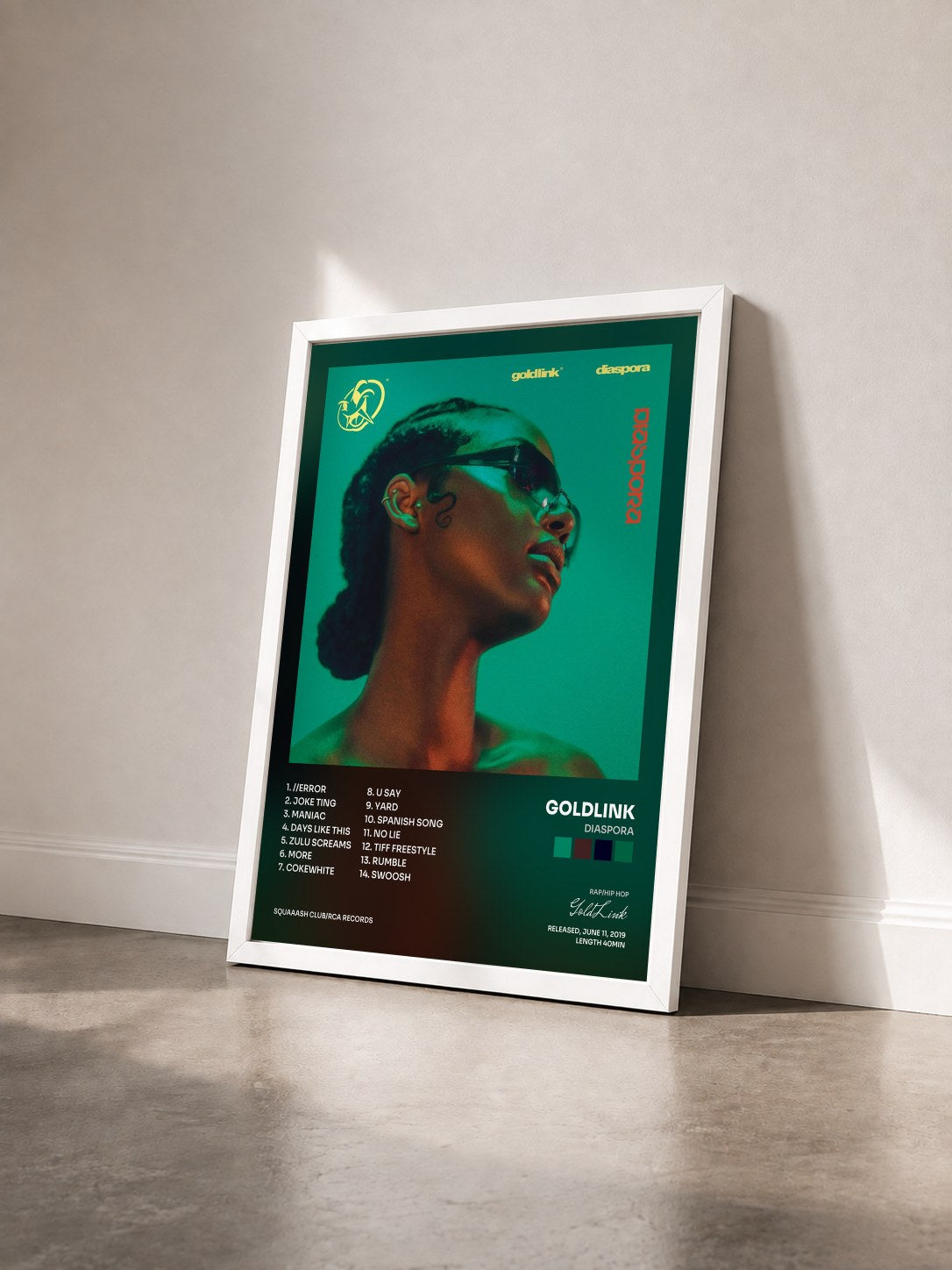 #blanc Tableau de l'album Diaspora de GoldLink vu de trois quarts, cadre blanc