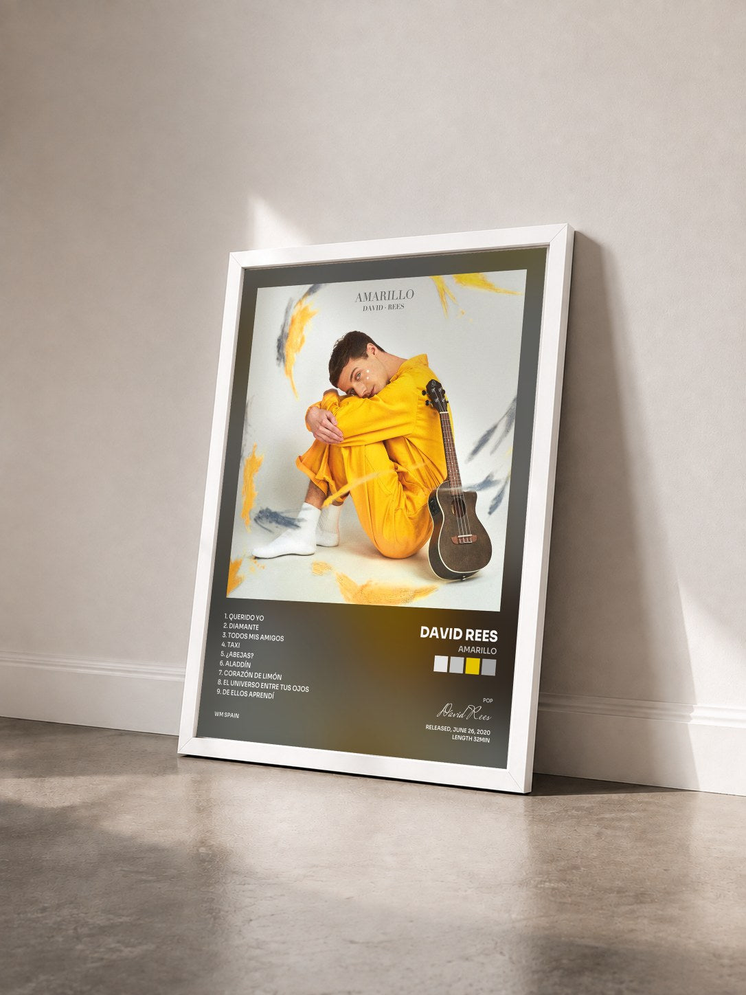 #blanc Tableau de l'album Amarillo de David Rees vu de trois quarts, cadre blanc
