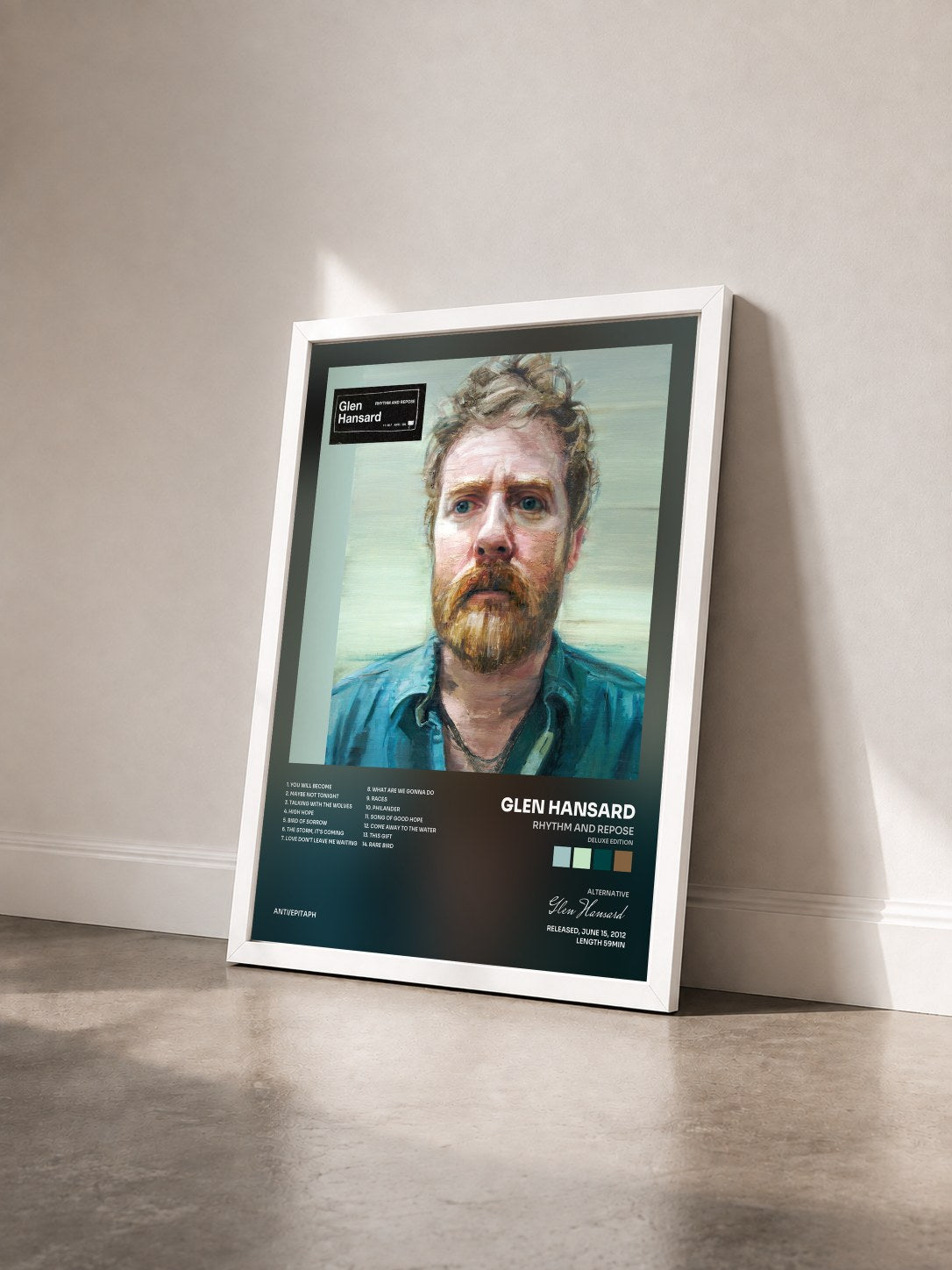 #blanc Tableau de l'album Rhythm And Repose (Deluxe Edition) de Glen Hansard vu de trois quarts, cadre blanc