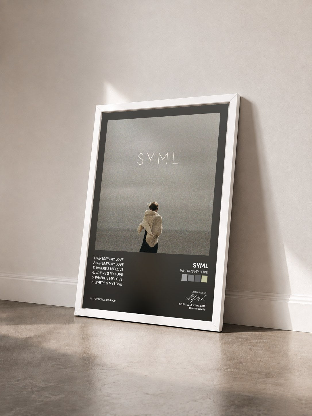 #blanc Tableau de l'album Where's My Love de SYML vu de trois quarts, cadre blanc