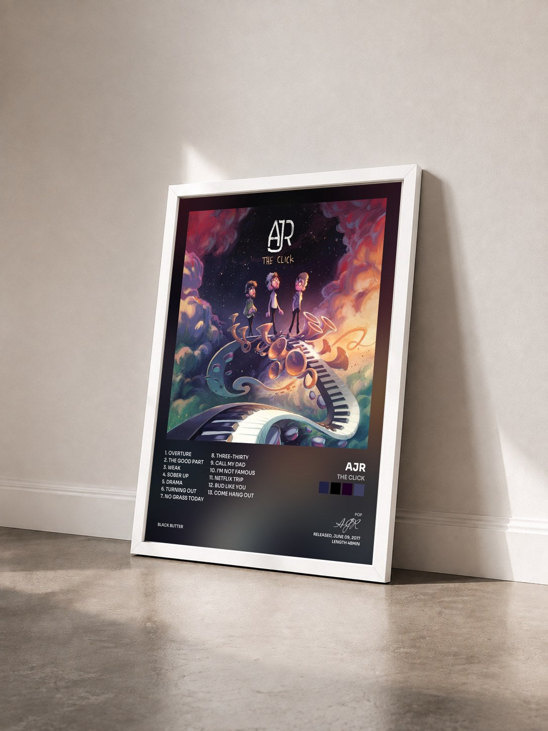 #blanc Tableau de l'album The Click de AJR vu de trois quarts, cadre blanc