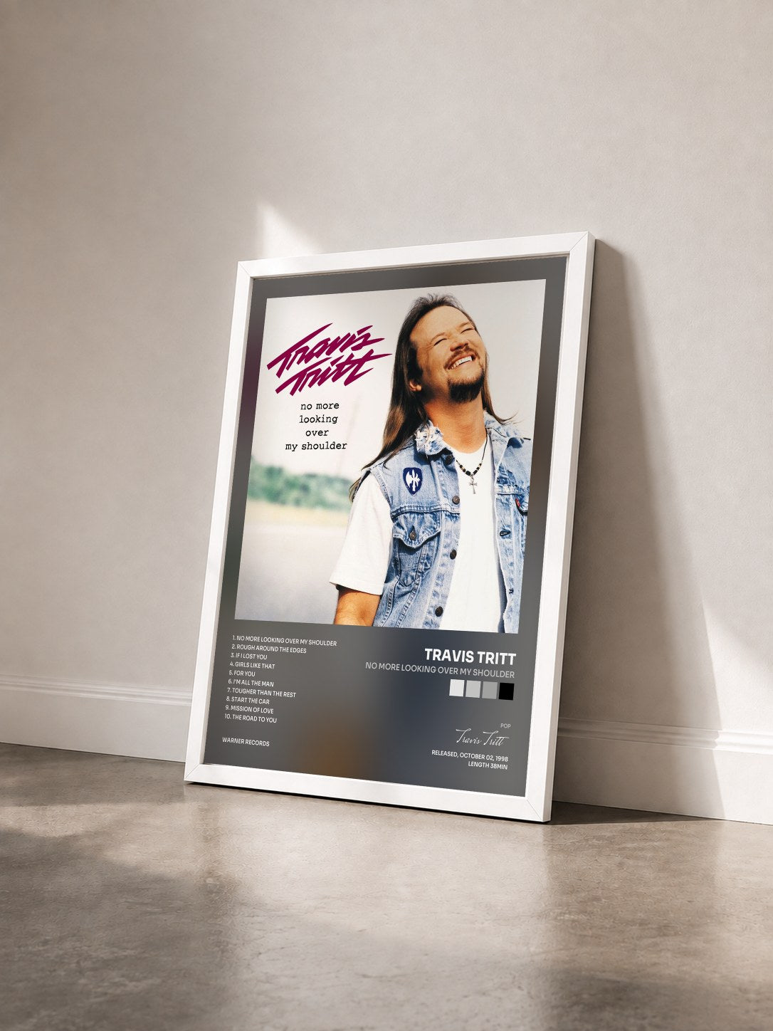 #blanc Tableau de l'album No More Looking Over My Shoulder de Travis Tritt vu de trois quarts, cadre blanc