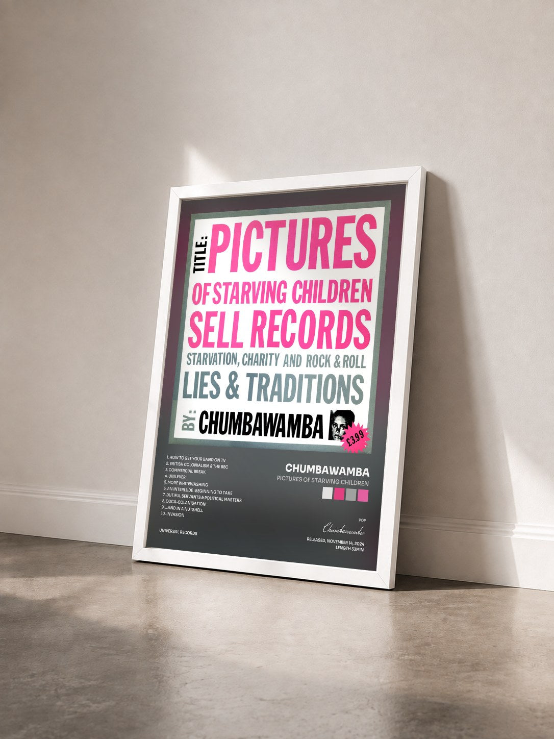 #blanc Tableau de l'album Pictures of Starving Children de Chumbawamba vu de trois quarts, cadre blanc