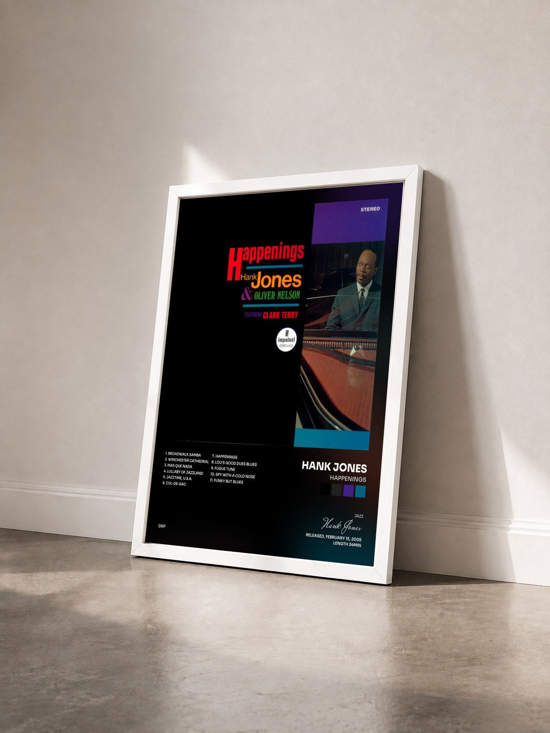 #blanc Tableau de l'album Happenings de Hank Jones vu de trois quarts, cadre blanc