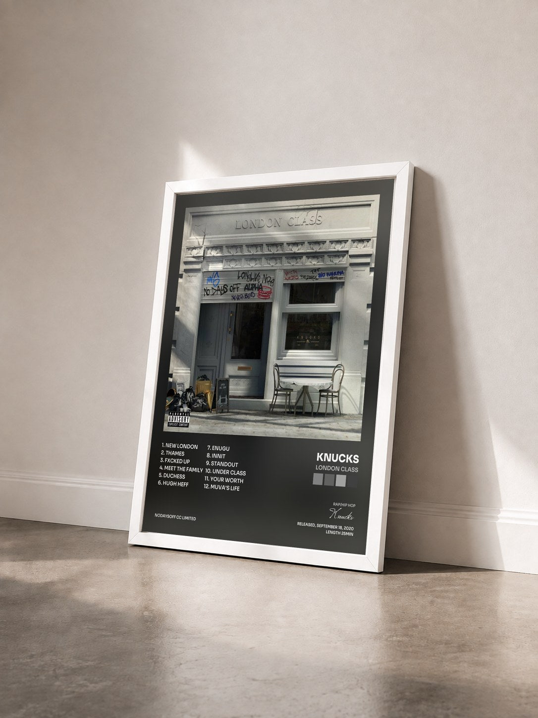 #blanc Tableau de l'album London Class de Knucks vu de trois quarts, cadre blanc