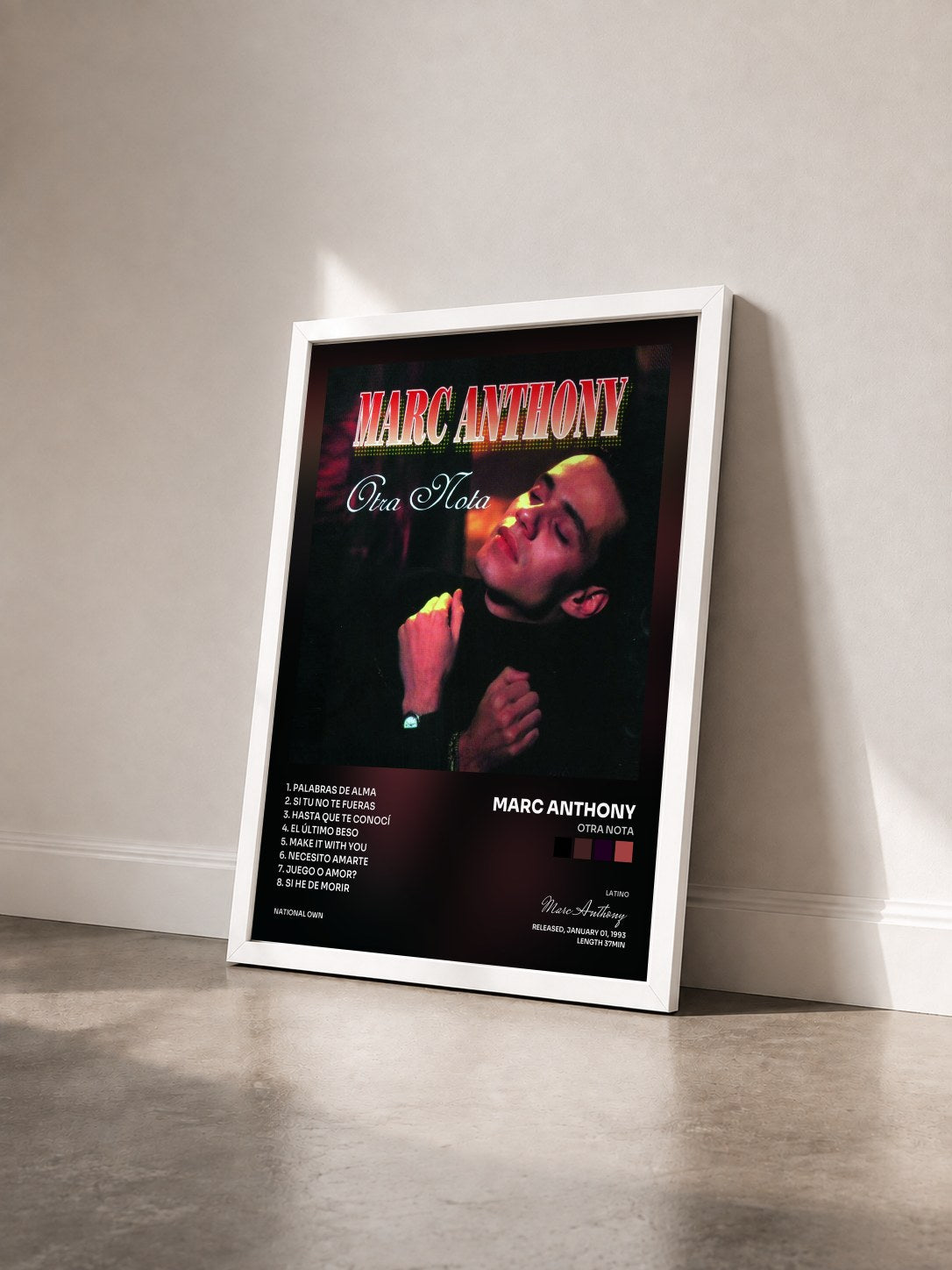 #blanc Tableau de l'album Otra Nota de Marc Anthony vu de trois quarts, cadre blanc