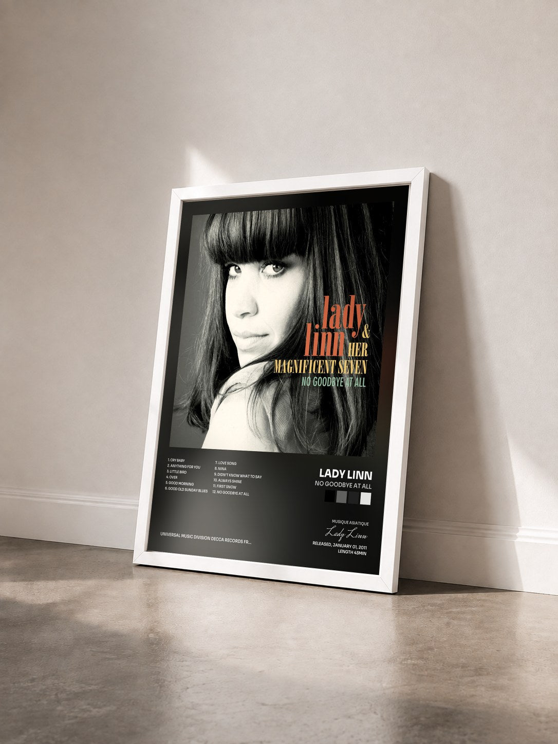 #blanc Tableau de l'album No Goodbye At All de Lady Linn vu de trois quarts, cadre blanc