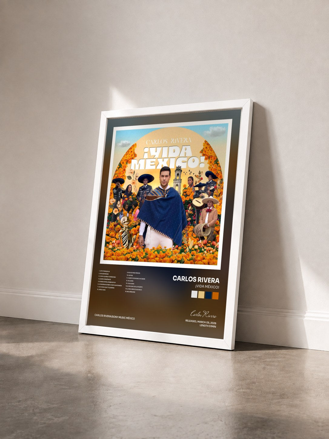 #blanc Tableau de l'album ¡VIDA MÉXICO! de Carlos Rivera vu de trois quarts, cadre blanc