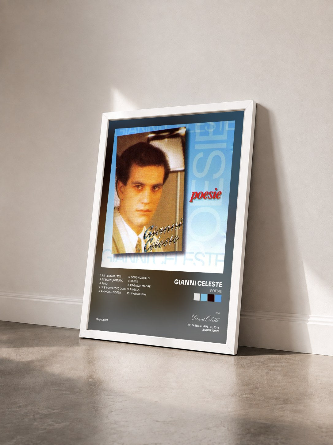 #blanc Tableau de l'album Poesie de Gianni Celeste vu de trois quarts, cadre blanc