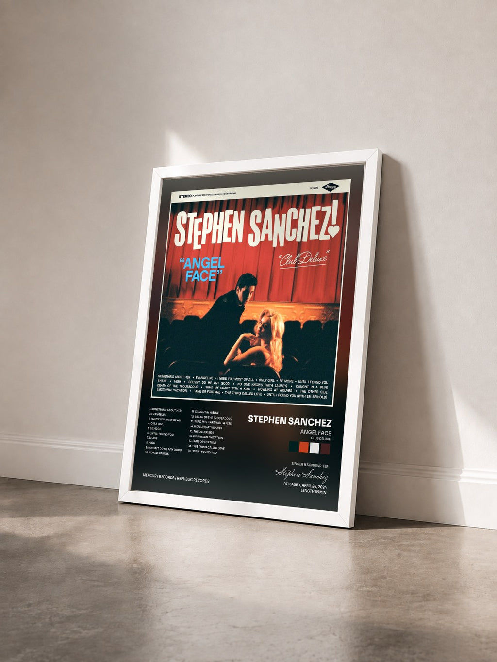 #blanc Angel Face (Club Deluxe) by Stephen Sanchez as a framed art print seen at an angle, white frame