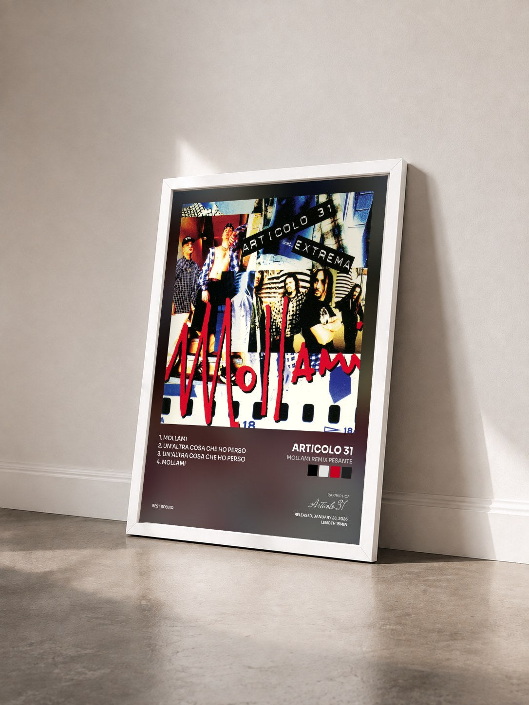 #blanc Tableau de l'album Mollami Remix Pesante de Articolo 31 vu de trois quarts, cadre blanc