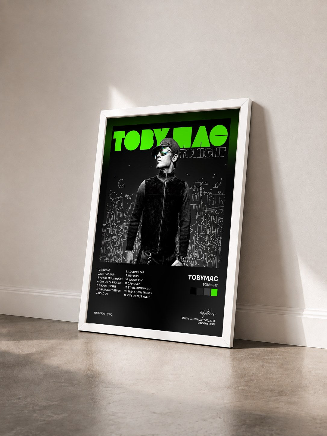 #blanc Tableau de l'album Tonight de tobyMac vu de trois quarts, cadre blanc