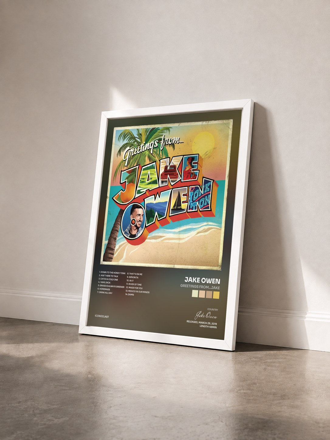 #blanc Tableau de l'album Greetings From...Jake de Jake Owen vu de trois quarts, cadre blanc