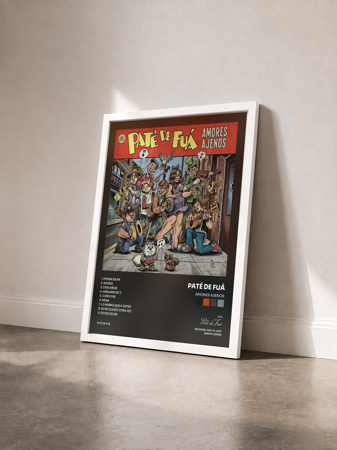 #blanc Tableau de l'album Amores Ajenos de Paté de Fuá vu de trois quarts, cadre blanc
