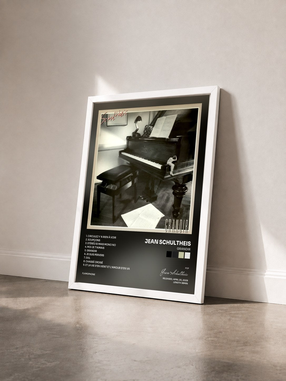 #blanc Tableau de l'album Grandir de Jean Schultheis vu de trois quarts, cadre blanc