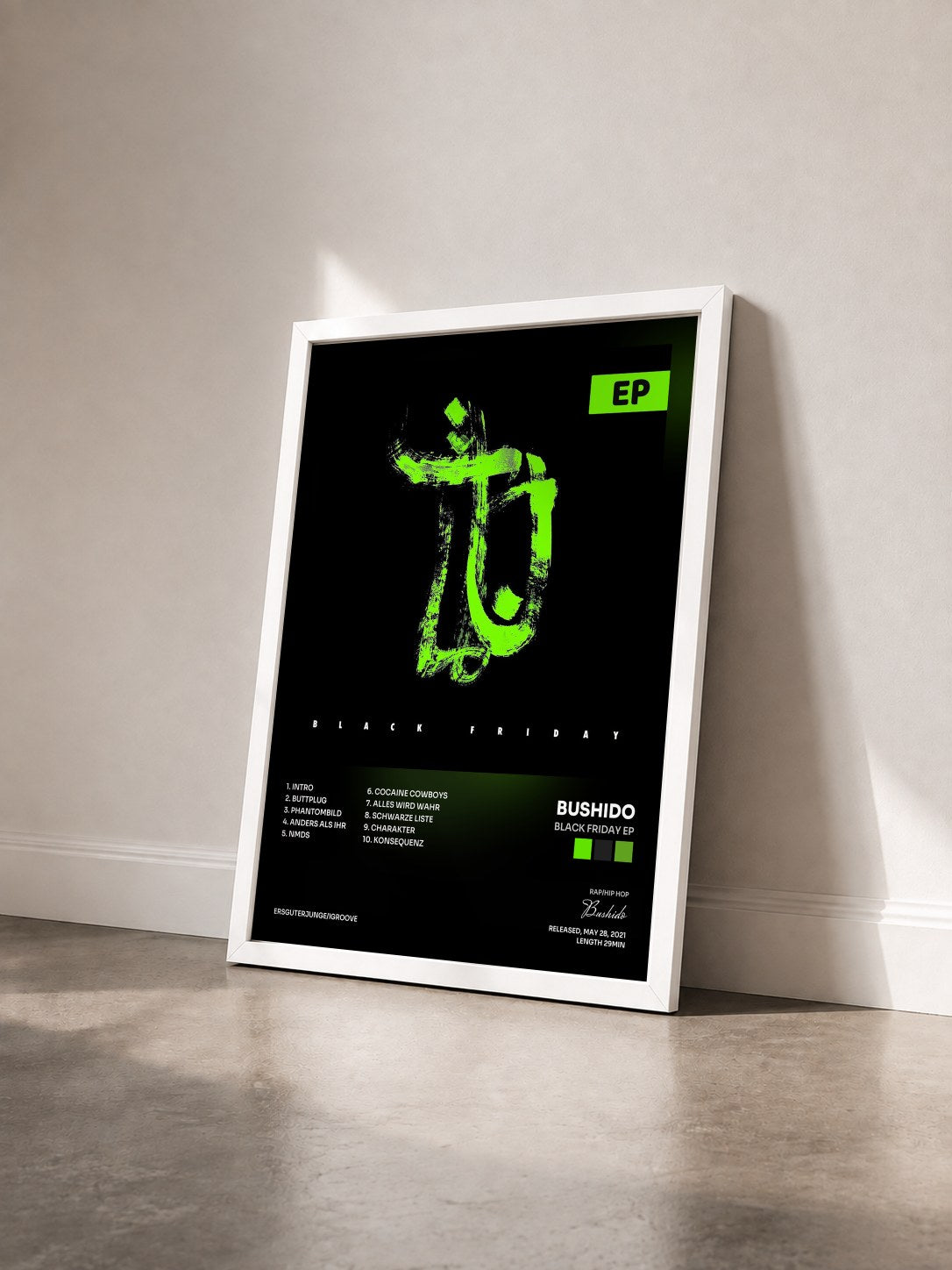 #blanc Tableau de l'album Black Friday EP de Bushido vu de trois quarts, cadre blanc