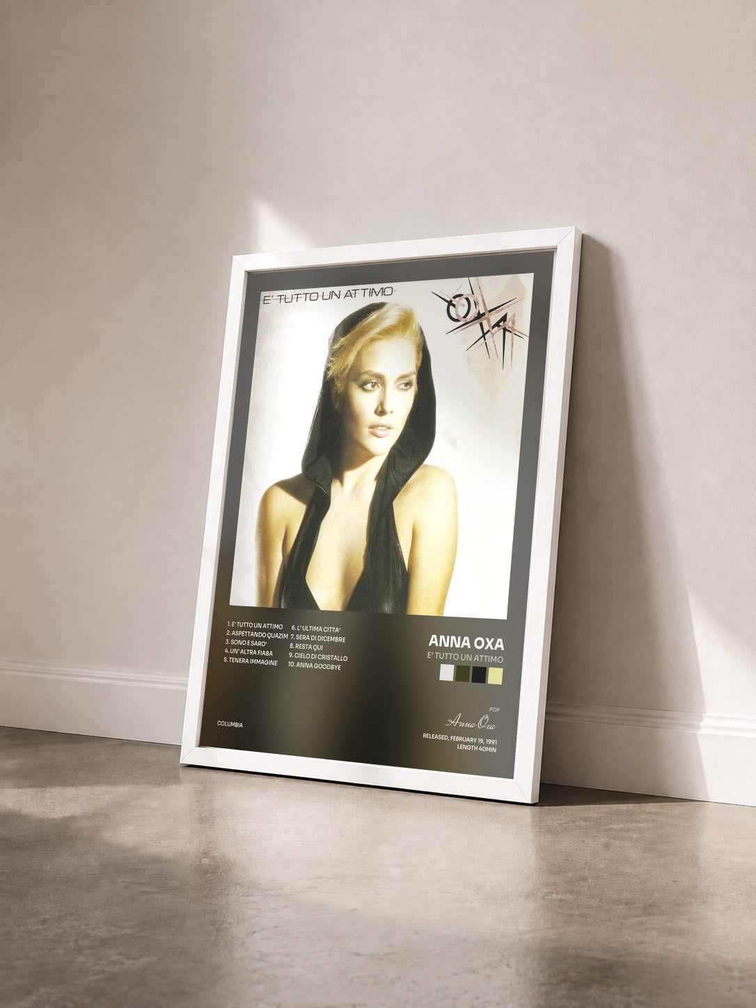 #blanc Tableau de l'album E' tutto un attimo de Anna Oxa vu de trois quarts, cadre blanc