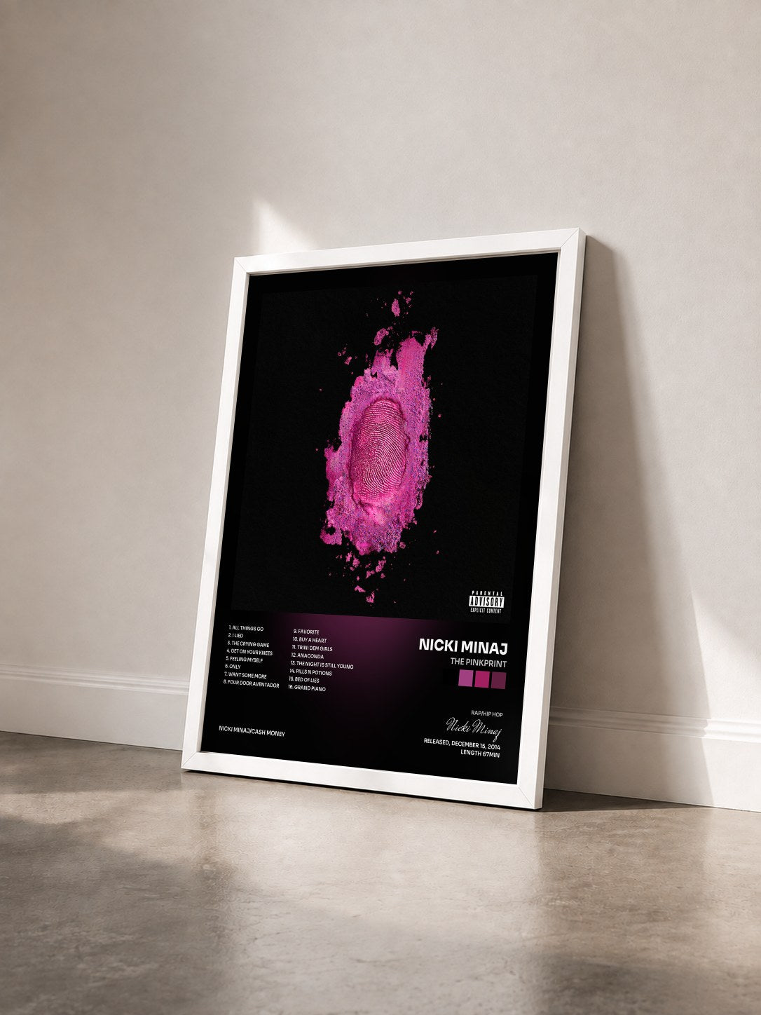 #blanc Tableau de l'album The Pinkprint de Nicki Minaj vu de trois quarts, cadre blanc