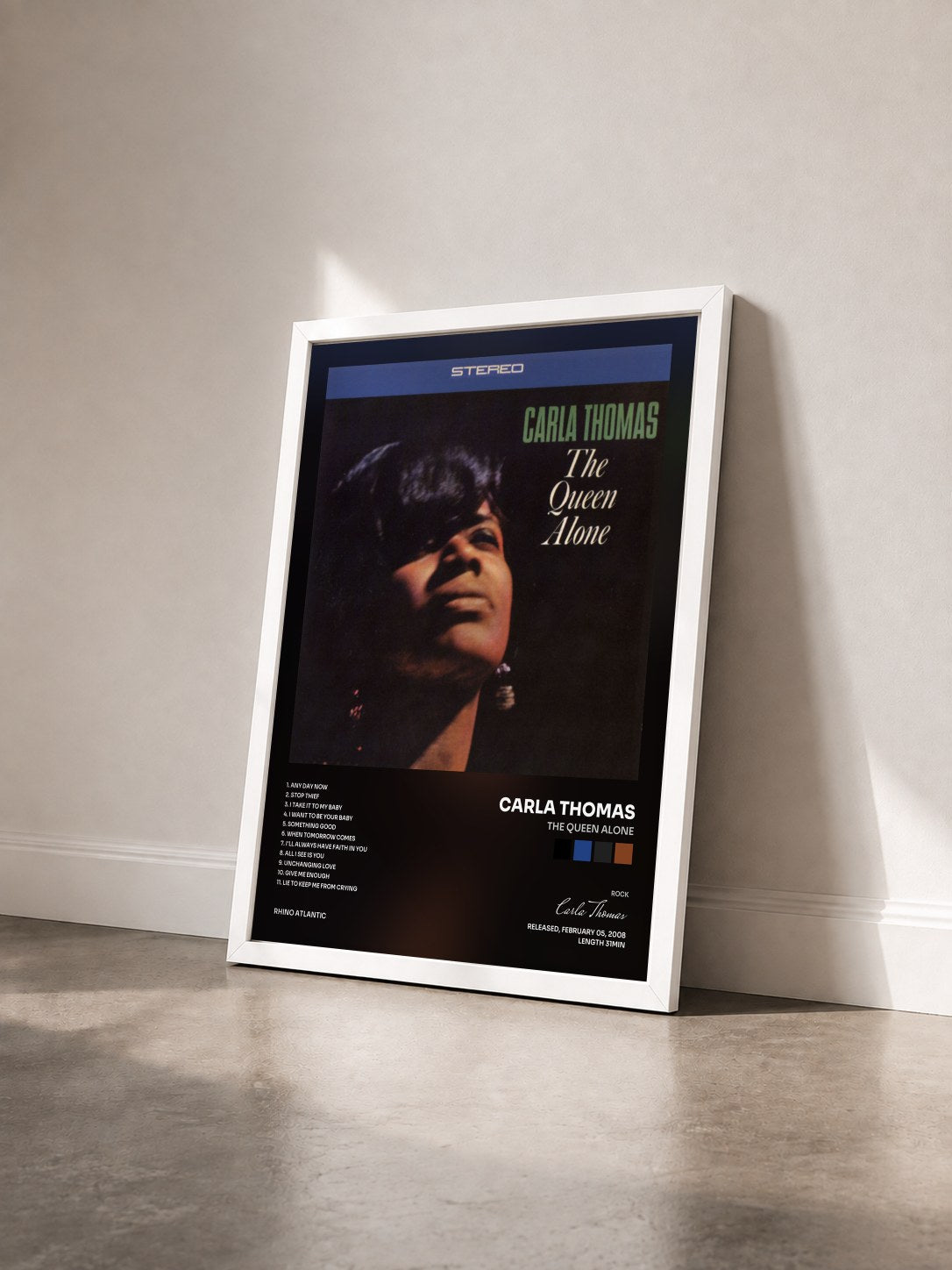 #blanc Tableau de l'album The Queen Alone de Carla Thomas vu de trois quarts, cadre blanc