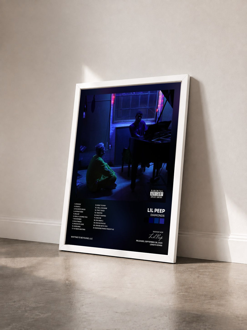 #blanc Tableau de l'album DIAMONDS de Lil Peep vu de trois quarts, cadre blanc