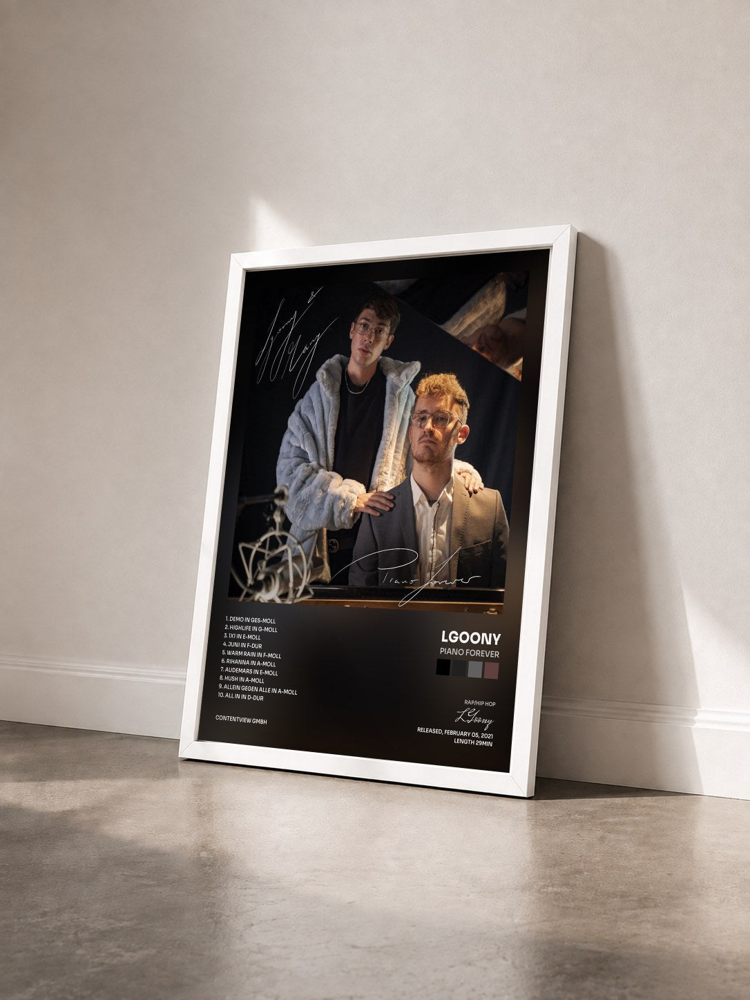 #blanc Tableau de l'album Piano Forever de LGoony vu de trois quarts, cadre blanc