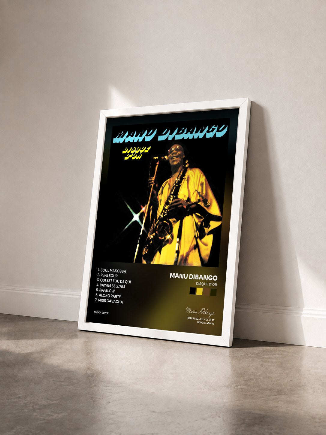#blanc Tableau de l'album Disque D'Or de Manu Dibango vu de trois quarts, cadre blanc
