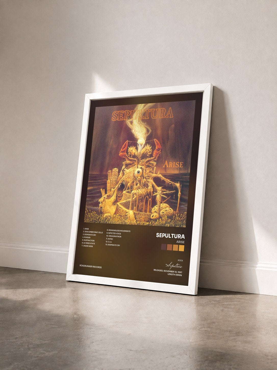 #blanc Tableau de l'album Arise de Sepultura vu de trois quarts, cadre blanc