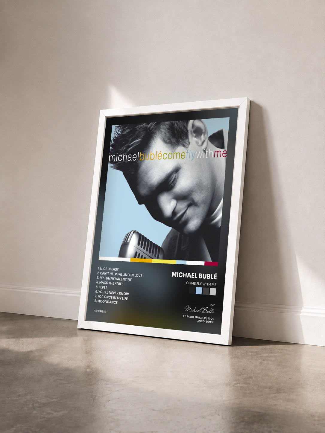 #blanc Tableau de l'album Come Fly with Me de Michael Bublé vu de trois quarts, cadre blanc
