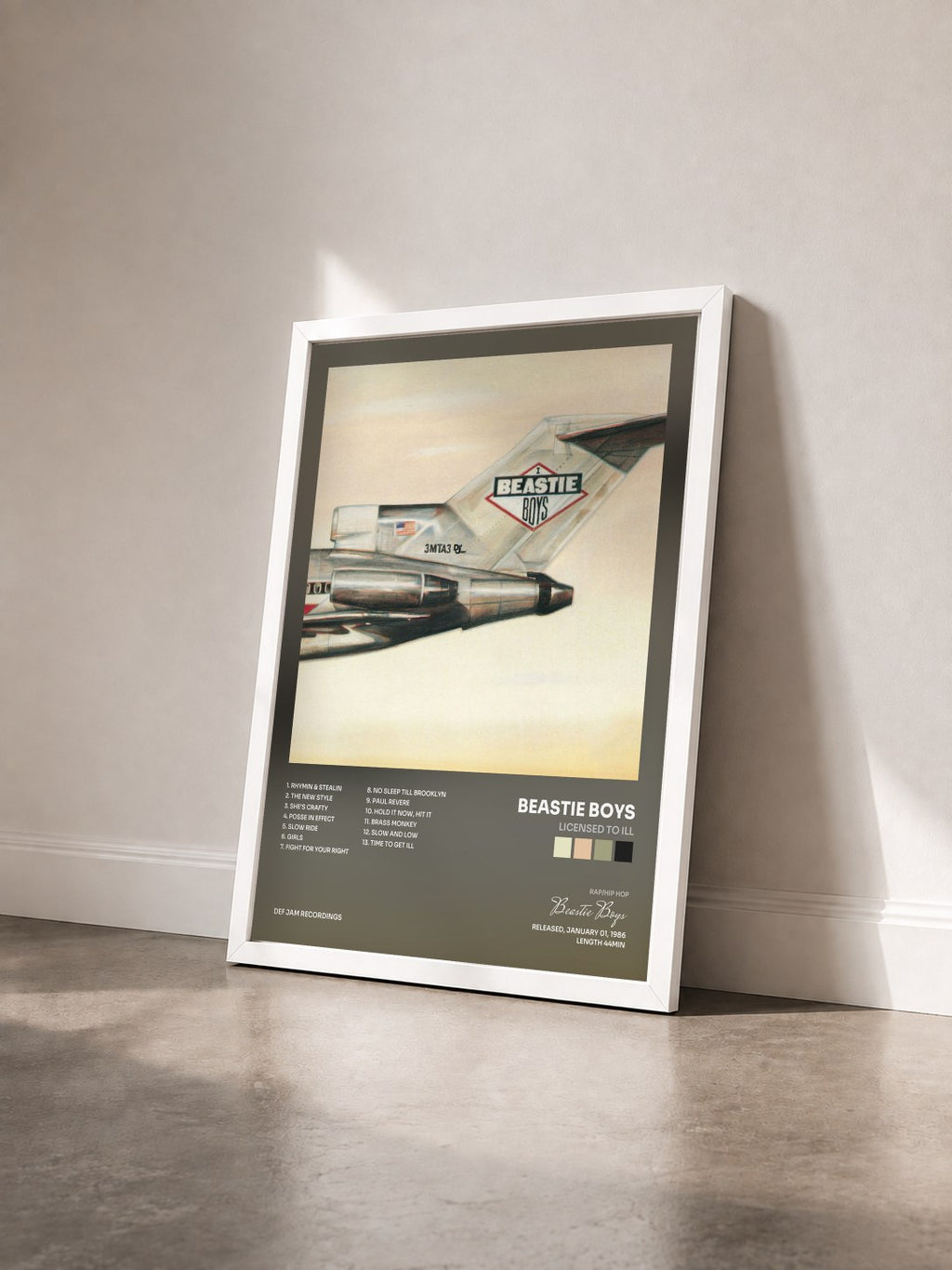 #blanc Licensed To Ill by Beastie Boys as a framed art print seen at an angle, white frame