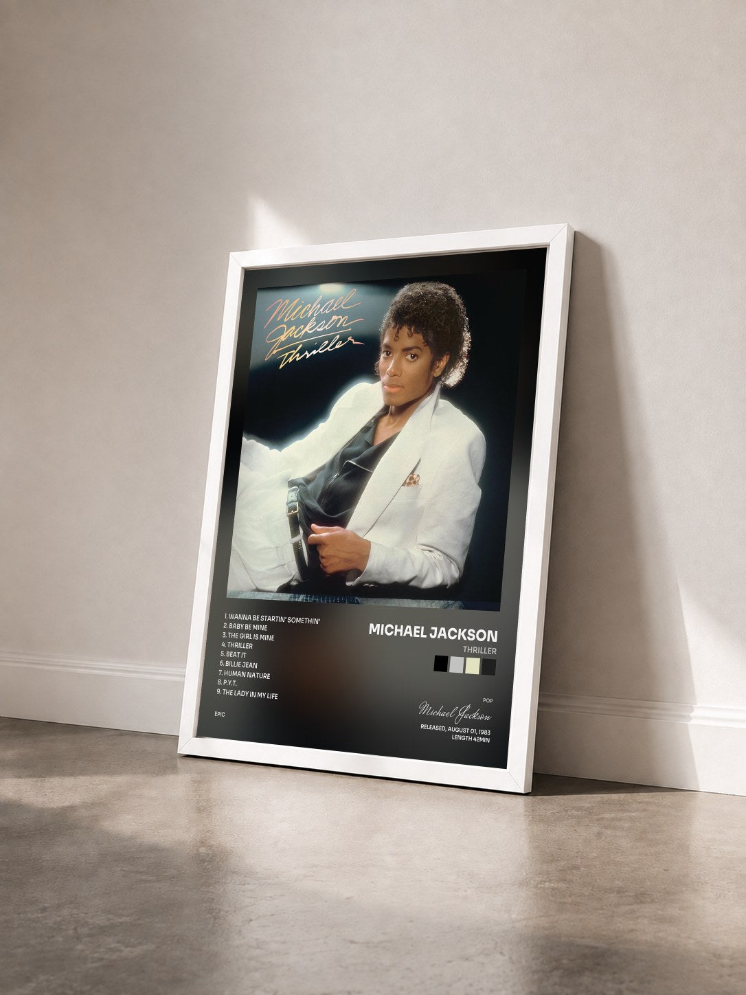 #blanc Tableau de l'album Thriller de Michael Jackson vu de trois quarts, cadre blanc