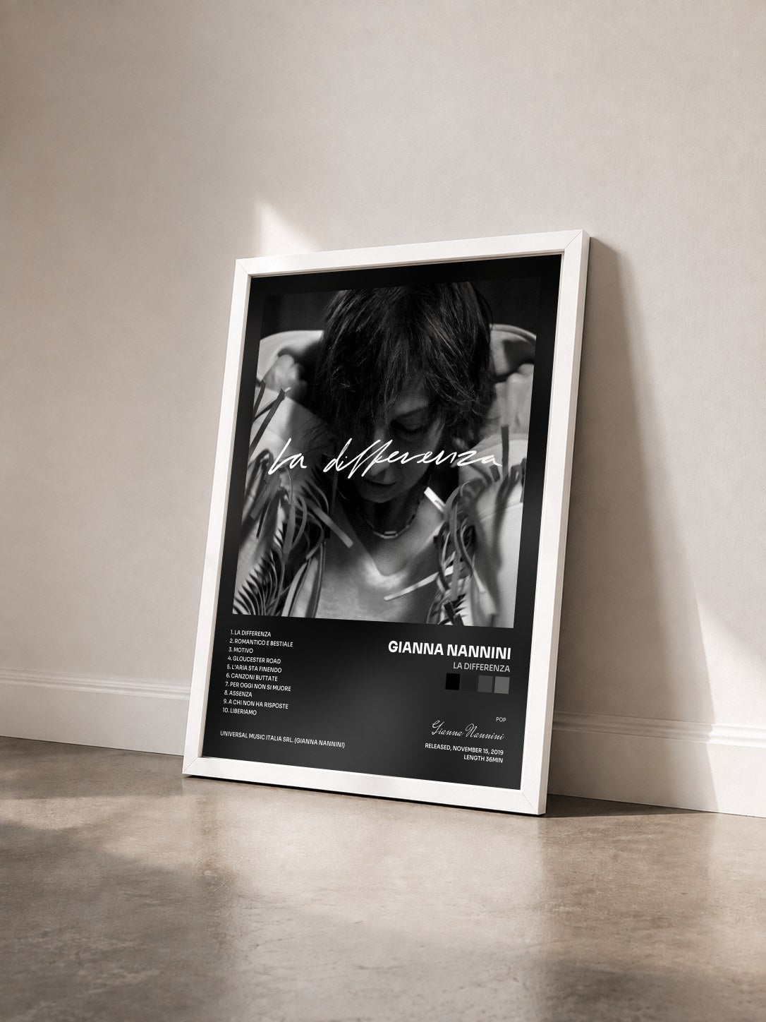 #blanc Tableau de l'album La differenza de Gianna Nannini vu de trois quarts, cadre blanc