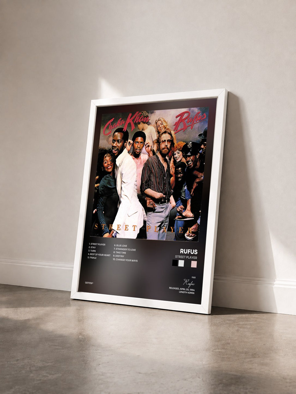 #blanc Tableau de l'album Street Player de Rufus vu de trois quarts, cadre blanc